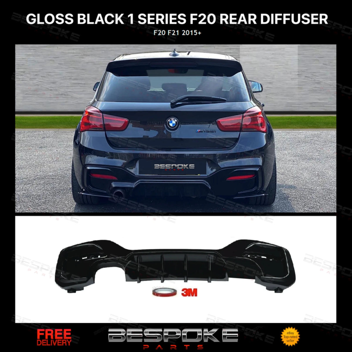 FOR BMW 1 SERIES F20 F21 REAR DIFFUSER LIP 135/140 LOOK LCI GLOSS BLACK 2015+
