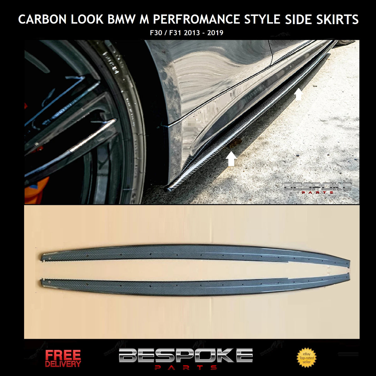 FOR BMW F30 F31 M SPORT STYLE SIDE SKIRT LIP EXTENSION CARBON LOOK BLADES 2012+