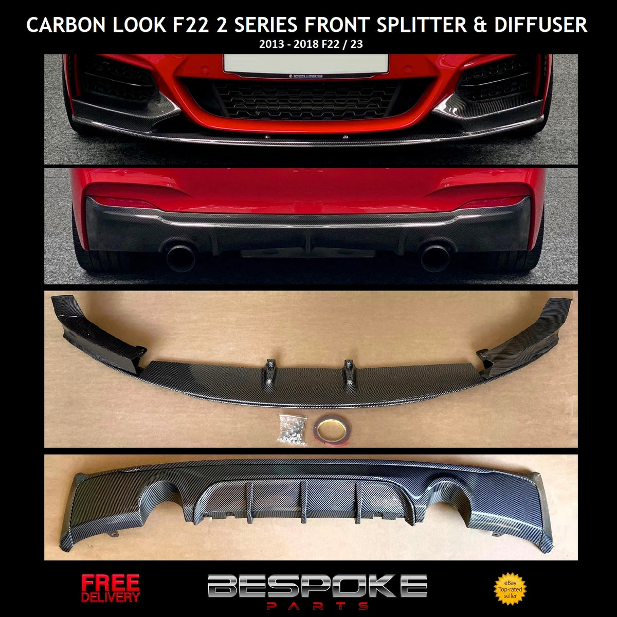 FOR BMW 2 SERIES F22 F23 FRONT LIP SPLITTER + REAR DIFFUSER M PERFORMANCE 2013+