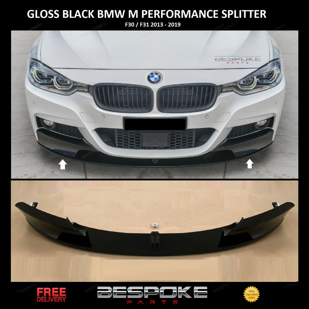FOR BMW 3 SERIES F30 F31 FRONT LIP SPLITTER GLOSS BLACK M SPORT DIFFUSER SPOILER