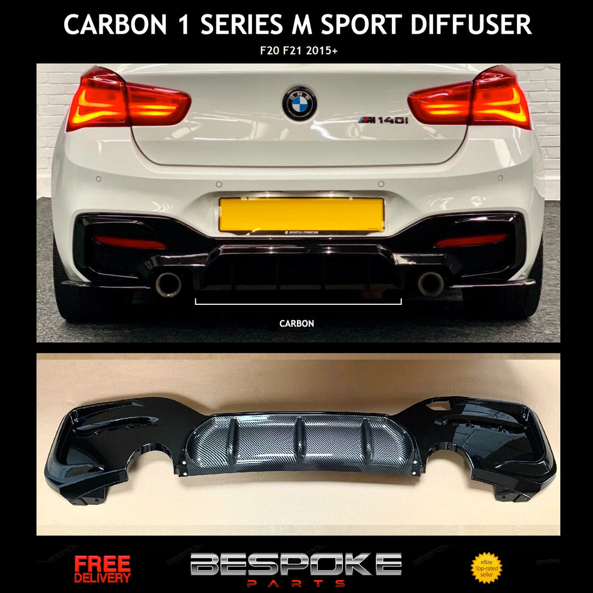 BMW 1 SERIES F20 F21 REAR DIFFUSER LIP 2015-19 LCI 135/140 STYLE CARBON LOOK