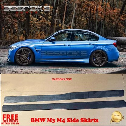 FOR BMW M3 M4 F80 F82 SIDE SKIRTS EXTENSION BLADE LIP CARBON FIBRE LOOK 2013+