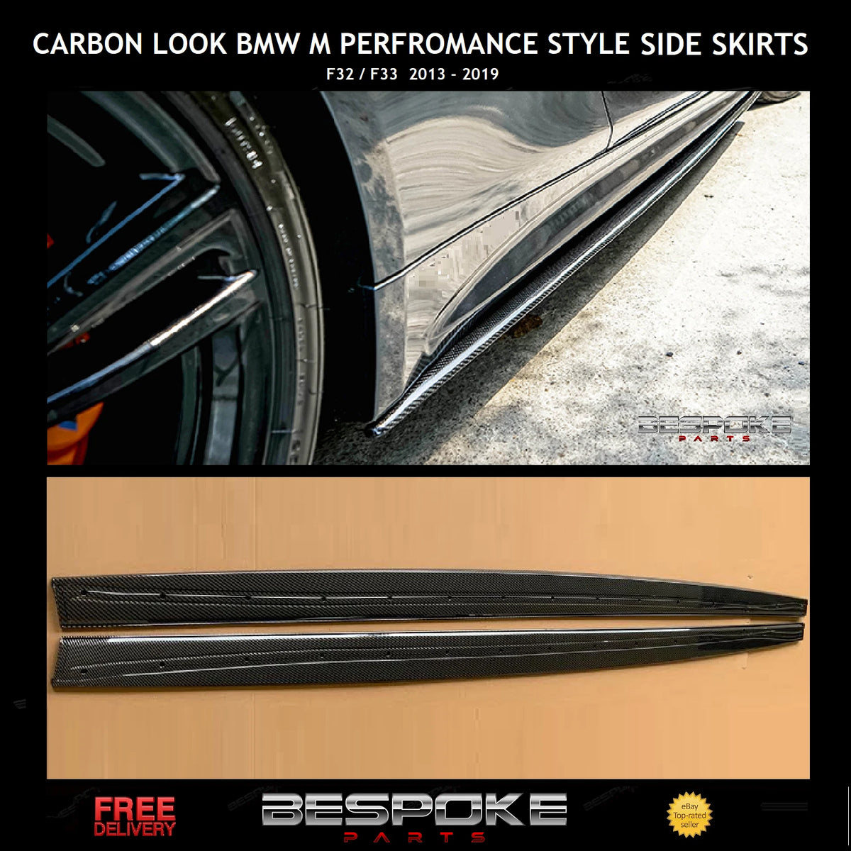 FOR BMW F32 F33 F36 M PERFORMANCE STYLE SIDE SKIRT CARBON LOOK EXTENSION 2012+