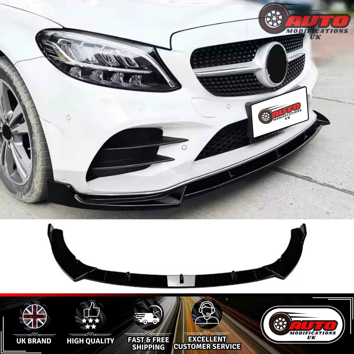 Mercedes C Class AMG Line C43 Front Splitter Spoiler Lip W205 C205 Gloss Black
