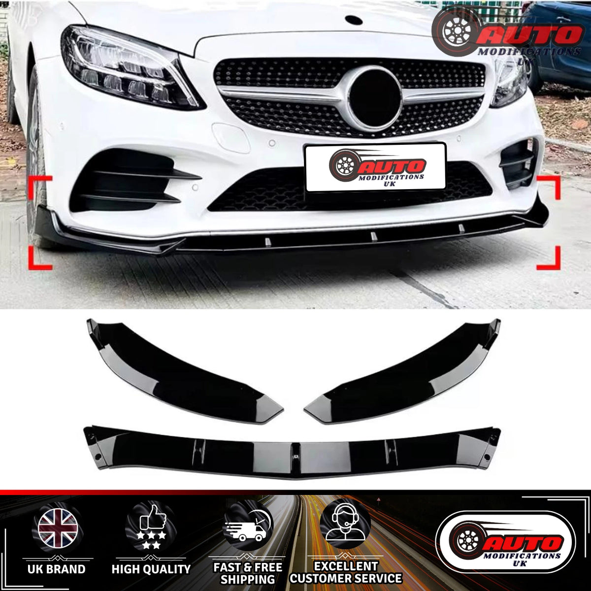 Mercedes C Class AMG Line C43 Front Splitter Spoiler Lip W205 C205 Gloss Black