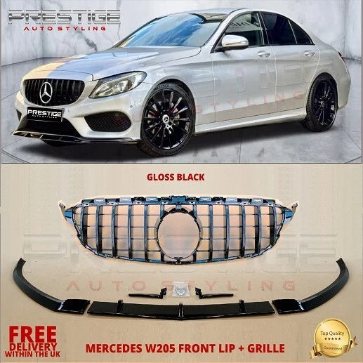 MERCEDES C CLASS W205 C205 C43 FRONT SPLITTER LIP + GT GRILL GLOSS BLACK AMG
