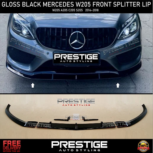 MERCEDES C CLASS W205 C205 C43 FRONT SPLITTER LIP + GT GRILL GLOSS BLACK AMG