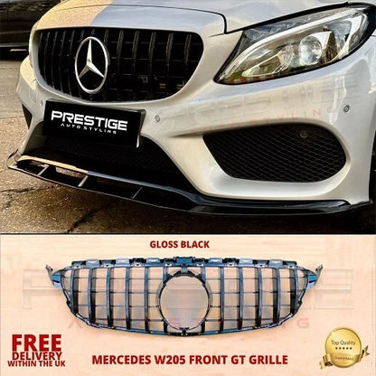 MERCEDES C CLASS W205 C205 C43 FRONT SPLITTER LIP + GT GRILL GLOSS BLACK AMG