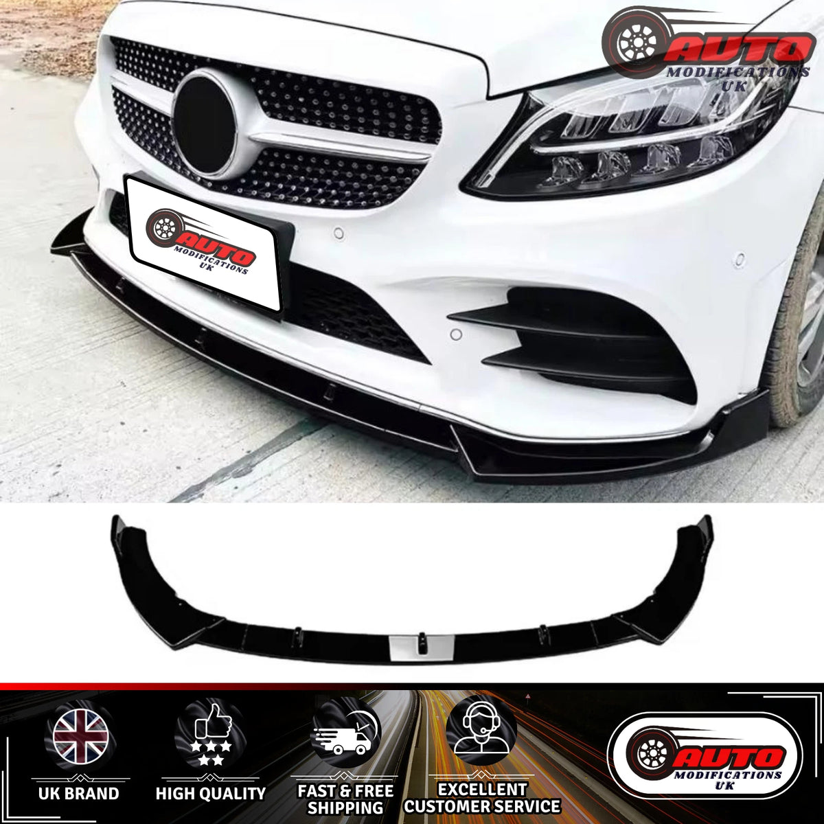 Mercedes C Class AMG Line C43 Front Splitter Spoiler Lip W205 C205 Gloss Black