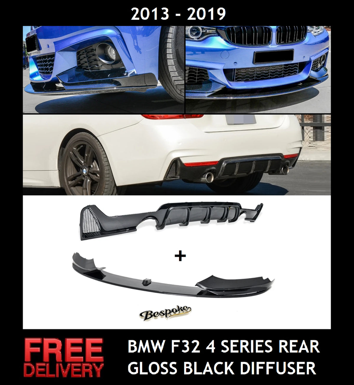 FOR BMW 4 SERIES F32 F33 F36 GLOSS BLACK REAR DIFFUSER + FRONT SPLITTER LIP