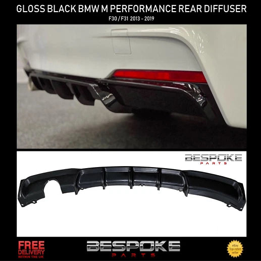 FOR BMW 3 SERIES F30 F31 GLOSS BLACK REAR DIFFUSER M PERFORMANCE LIP VALANCE 11+