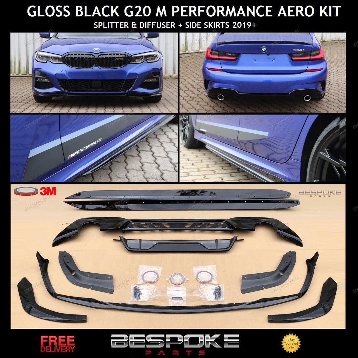 FOR BMW G20 G21 M PERFORMANCE KIT GLOSS BLK STYLE FRONT LIP 3 SERIES BODYKIT