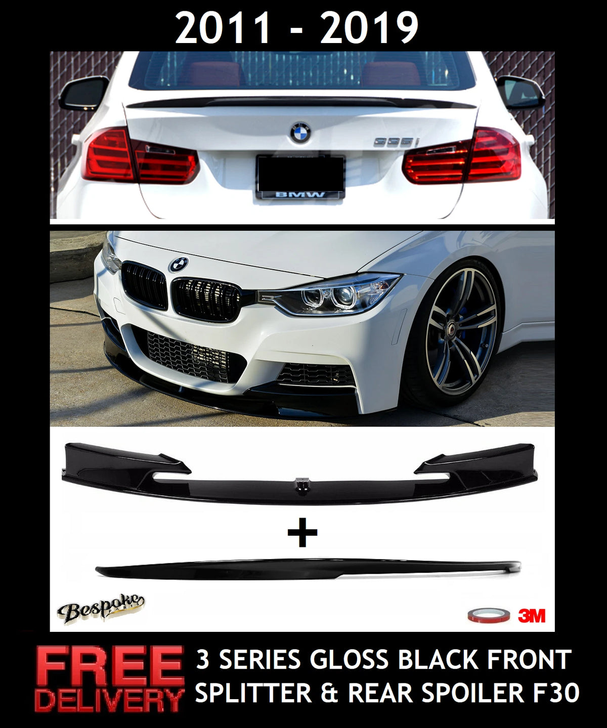 FOR BMW 3 SERIES M SPORT F30 GLOSS BLACK REAR SPOILER LIP + FRONT SPLITTER