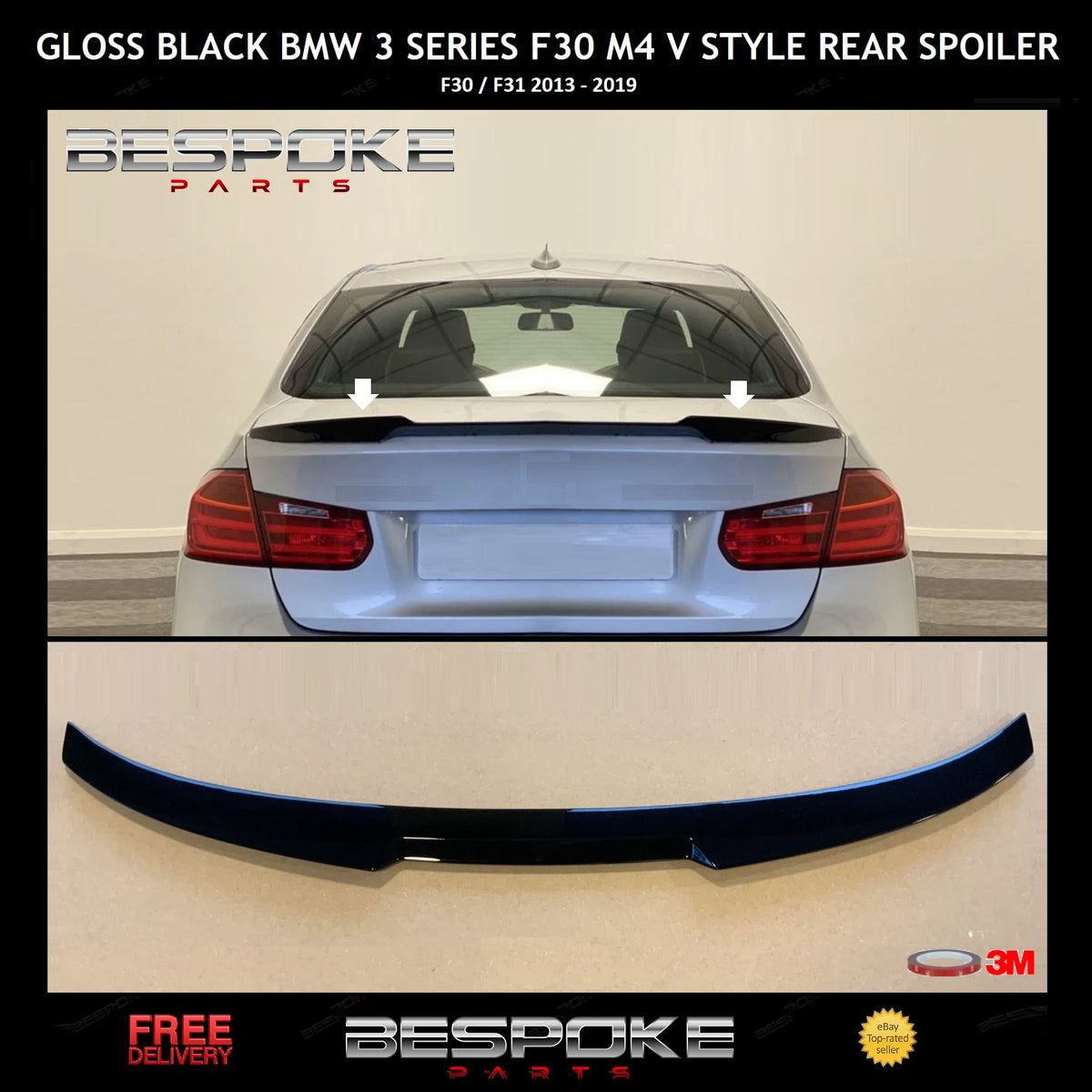 FOR BMW 3 SERIES F30 F80 M4 V STYLE REAR TRUNK LIP BOOT SPOILER GLOSS BLACK