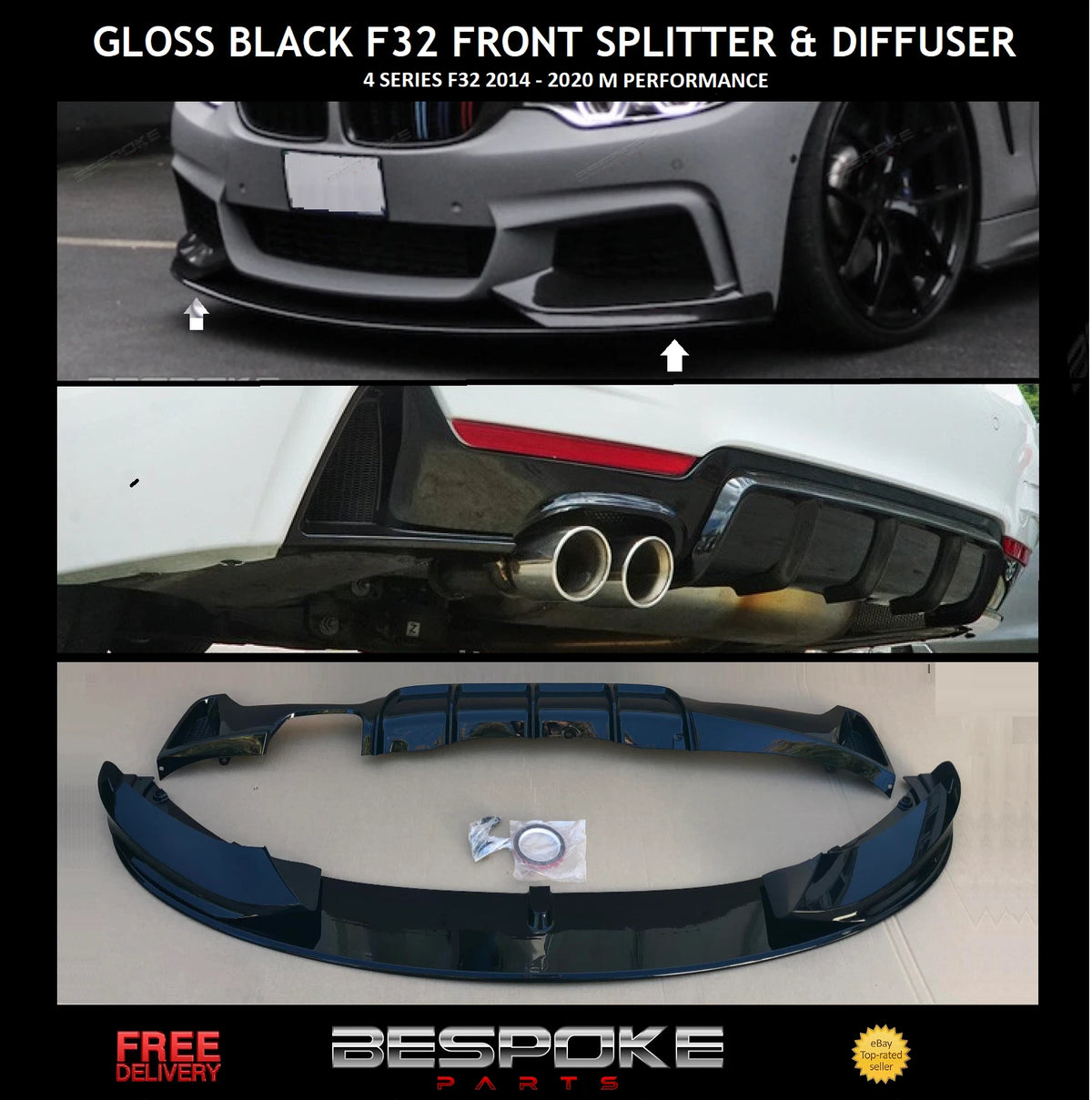 FOR BMW 4 SERIES F32 F 33 F36 M PERFORMANCE GLOSS BLACK REAR DIFFUSER FRONT LIP