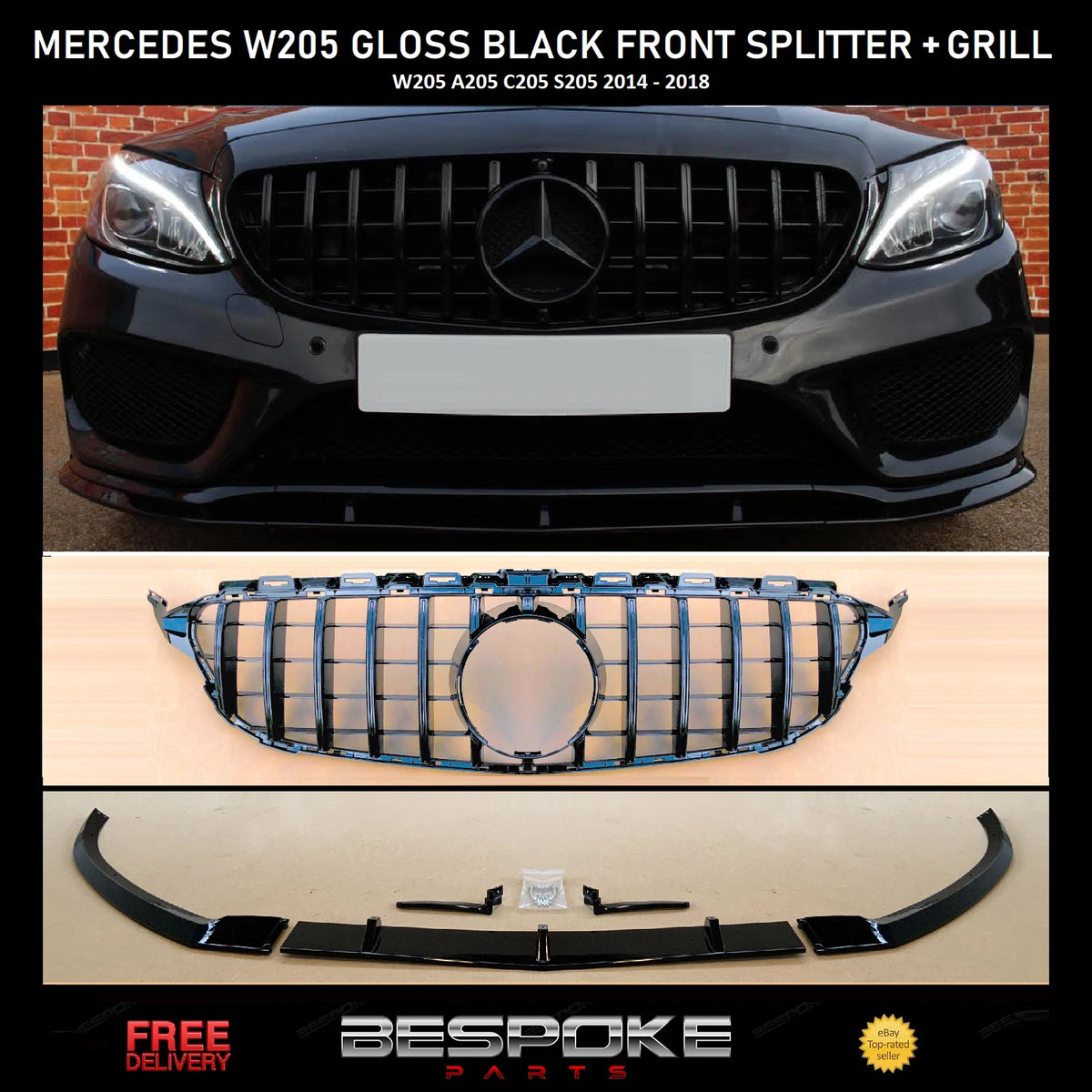 MERCEDES FRONT SPOILER LIP GRILL SPLITTER W205 C205 C CLASS GLOSS BLACK GT