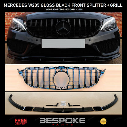 MERCEDES FRONT SPOILER LIP GRILL SPLITTER W205 C205 C CLASS GLOSS BLACK GT