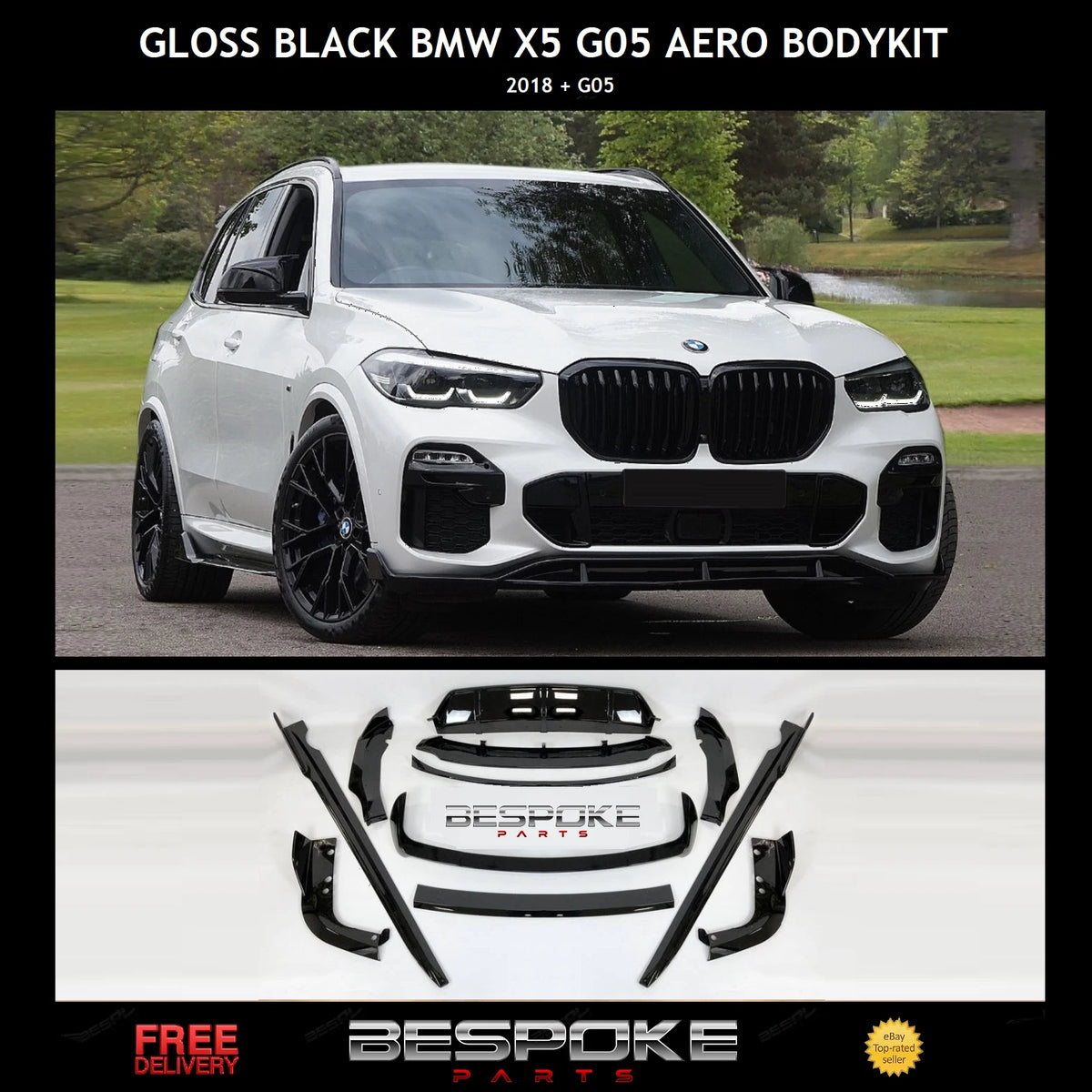 GLOSS BLACK BMW X5 G05 AERO BODY KIT FRONT LIP REAR DIFFUSER SIDE SKIRT SPLITTER
