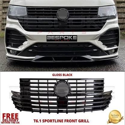 FOR VW T6.1 FRONT TRANSPORTER BUMPER BADGED GRILLE KIT GLOSS BLACK 2020+