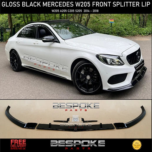 MERCEDES C CLASS C205 W205 FRONT LIP SPLITTER VALANCE GLOSS BLACK 3PCS AMG