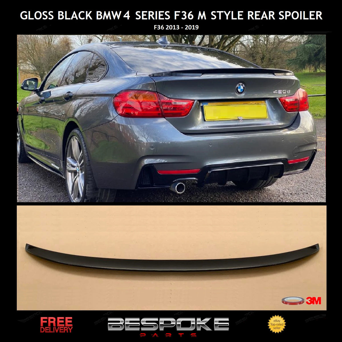 FOR BMW 4 SERIES F36 GRAN COUPE M PERFORMANCE GLOSS BLACK REAR BOOT SPOILER LIP