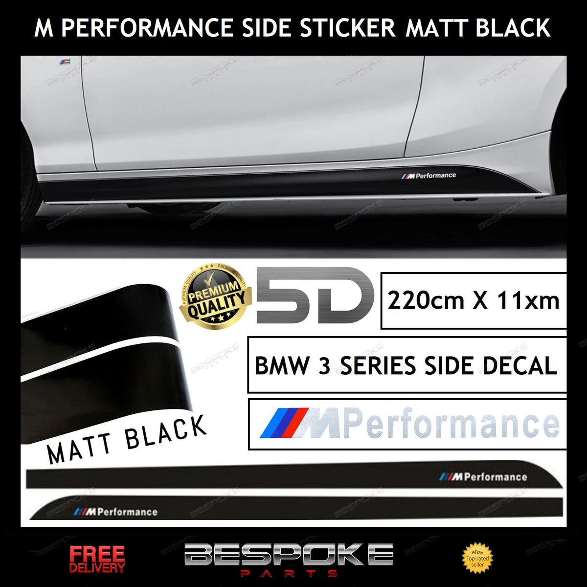 MATTE BLACK VINYL STICKER SKIRT DECALS FOR BMW 3 SERIES F30 F31 M PERFORMANCE