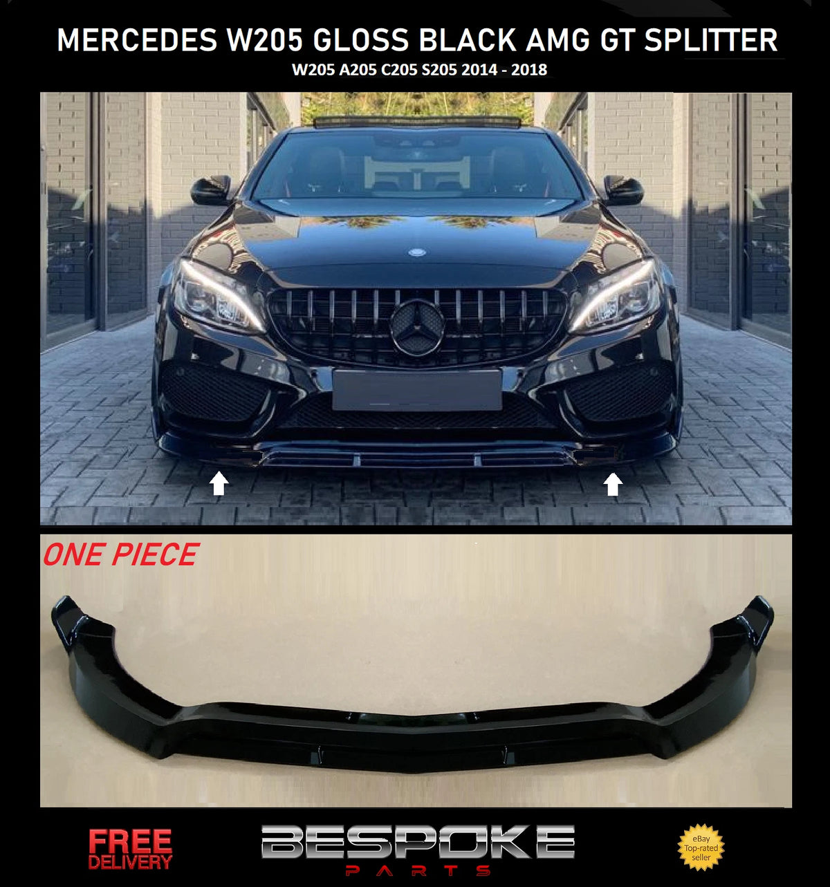 FOR MERCEDES W205 C205 C CLASS GLOSS BLACK FRONT SPLITTER LIP LOOK SPOILER AMG
