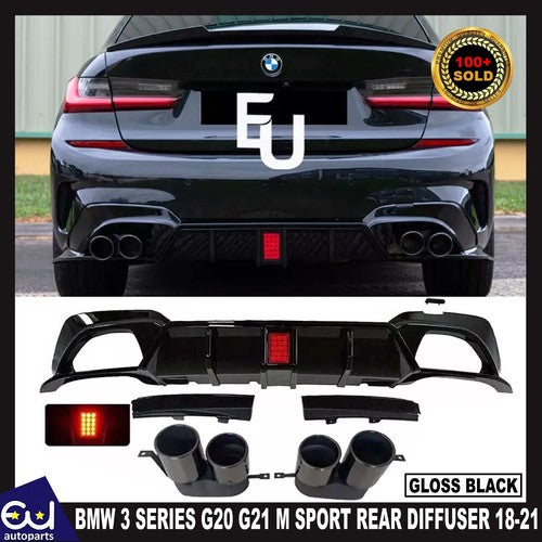 FOR BMW 3 SERIES G20 G21 M SPORT GLOSS BLACK REAR DIFFUSER WITH LIGHT+TIPS 2018+