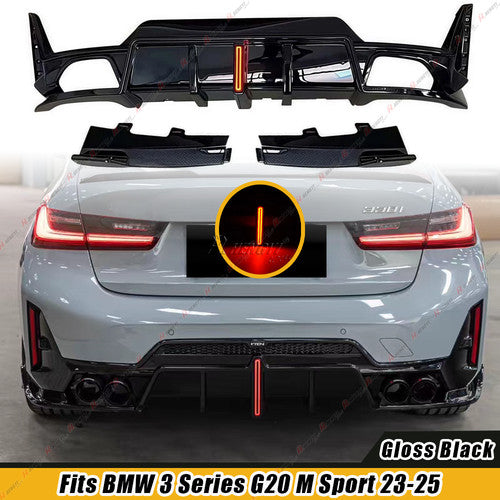 FOR BMW 3 SERIES G20 G21 M SPORT GLOSS BLACK REAR DIFFUSER WITH LIGHT+TIPS 2018+