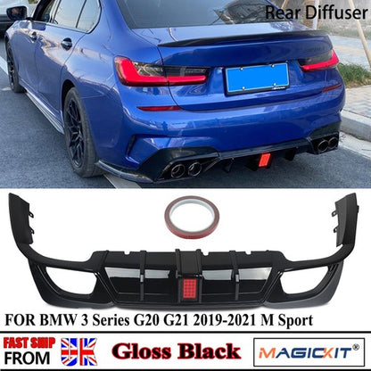 FOR BMW 3 SERIES G20 G21 M SPORT GLOSS BLACK REAR DIFFUSER WITH LIGHT+TIPS 2018+