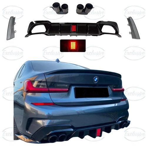 FOR BMW 3 SERIES G20 G21 M SPORT GLOSS BLACK REAR DIFFUSER WITH LIGHT+TIPS 2018+