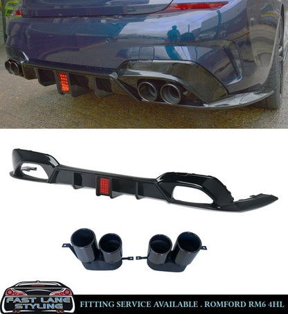 FOR BMW 3 SERIES G20 G21 M SPORT GLOSS BLACK REAR DIFFUSER WITH LIGHT+TIPS 2018+