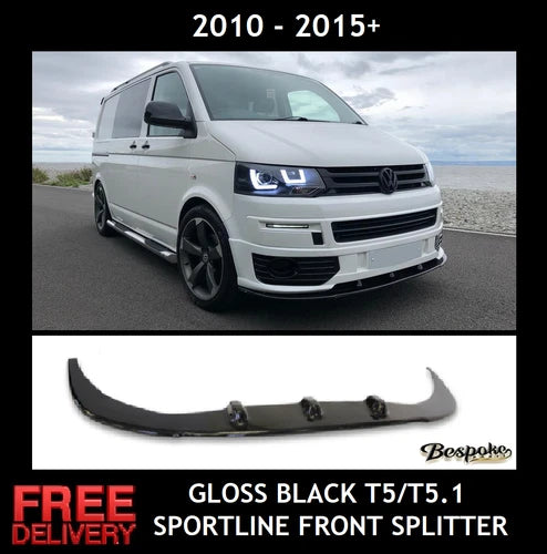 VW LOWER BLACK GLOSS FRONT SPLITTER LIP SPOILER TRANSPORTER T5 T5.1 SPORTLINE