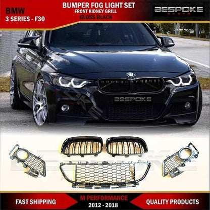 FOR BMW 3 SERIES F30 F31 M SPORT FOG LIGHT BUMPER GRILL+FRONT KIDNEY GRILL SET